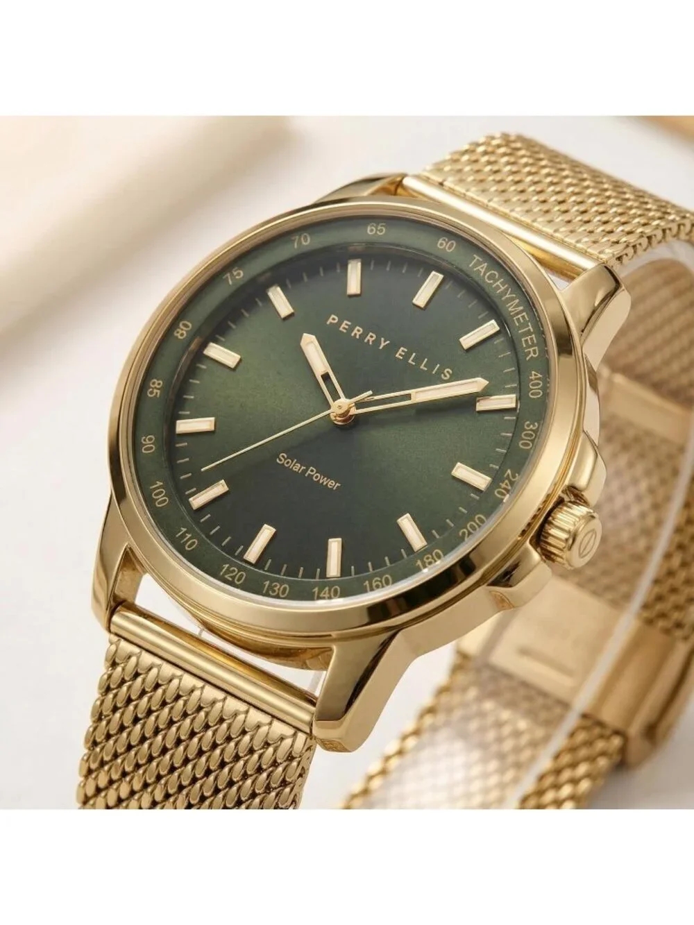 Men's Gold Steel Mesh Band Aluminum Tachymeter Bezel Water-Resistant Wrist Watch
